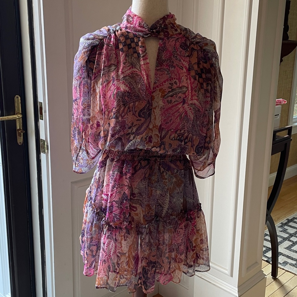 Stunning Chiffon Top with Pink, Purple, Light Brown, and Carmel Colors.